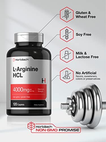 Horbäach L-Arginin HCL 4000 mg | 120 Kapseln | Aminosäure für Männer und Frauen | Stickstoffmonoxid-Supplement | Vegetarisch, Nicht-GVO, Glutenfrei