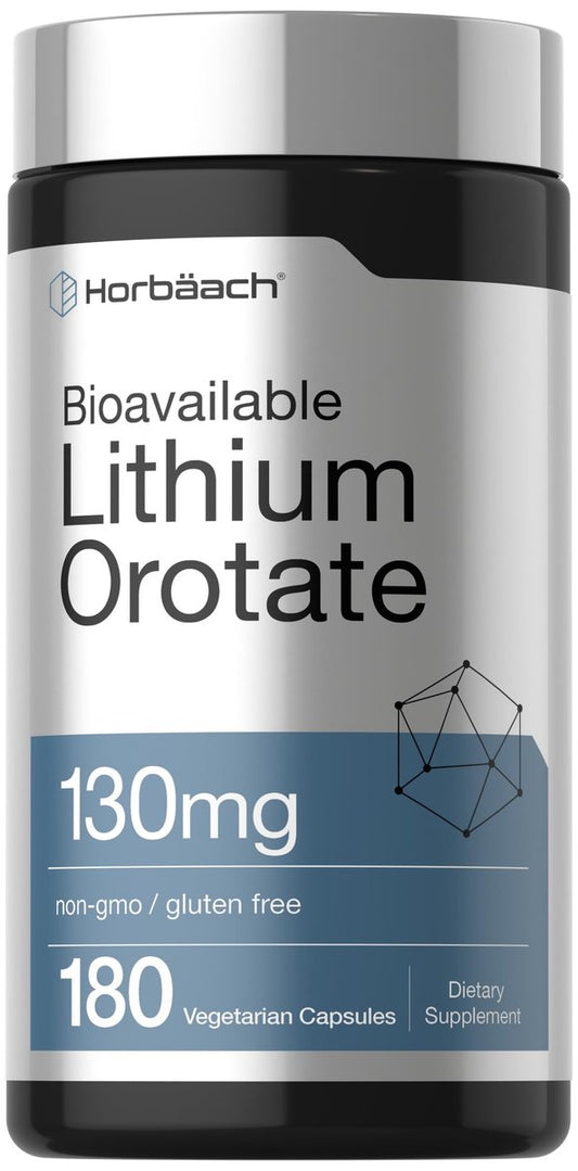 Horbäach Lithium Orotat 130 mg | 180 Kapseln | Nicht-GVO, glutenfrei, vegan | 5 mg bioverfügbares elementares Lithium