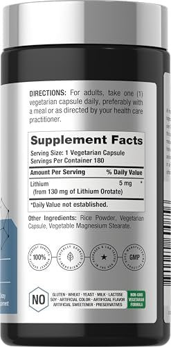 Horbäach Lithium Orotat 130 mg | 180 Kapseln | Nicht-GVO, glutenfrei, vegan | 5 mg bioverfügbares elementares Lithium