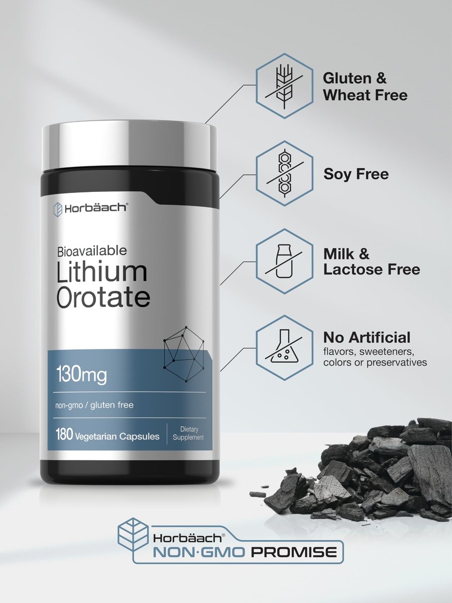 Horbäach Lithium Orotat 130 mg | 180 Kapseln | Nicht-GVO, glutenfrei, vegan | 5 mg bioverfügbares elementares Lithium