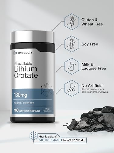 Horbäach Lithium Orotat 130 mg | 180 Kapseln | Nicht-GVO, glutenfrei, vegan | 5 mg bioverfügbares elementares Lithium