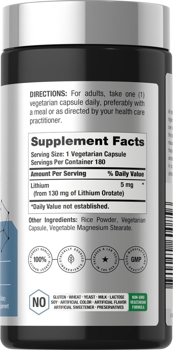 Horbäach Lithium Orotat 130 mg | 180 Kapseln | Nicht-GVO, glutenfrei, vegan | 5 mg bioverfügbares elementares Lithium