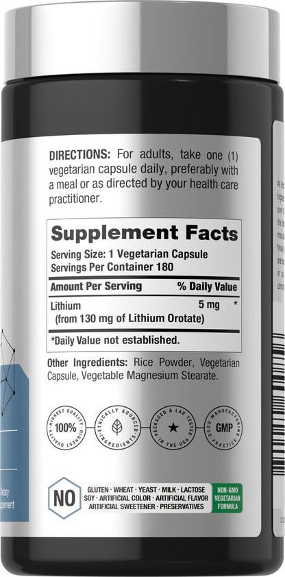 Horbäach Lithium Orotat 130 mg | 180 Kapseln | Nicht-GVO, glutenfrei, vegan | 5 mg bioverfügbares elementares Lithium