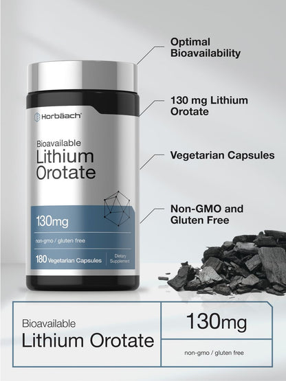 Horbäach Lithium Orotat 130 mg | 180 Kapseln | Nicht-GVO, glutenfrei, vegan | 5 mg bioverfügbares elementares Lithium