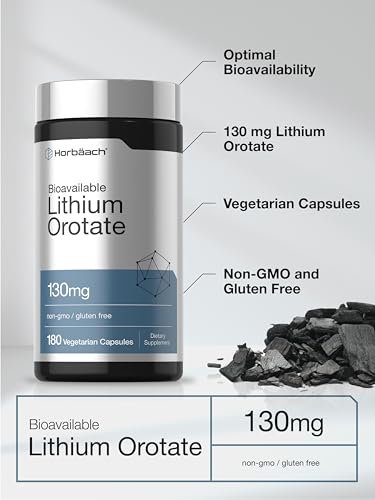 Horbäach Lithium Orotat 130 mg | 180 Kapseln | Nicht-GVO, glutenfrei, vegan | 5 mg bioverfügbares elementares Lithium