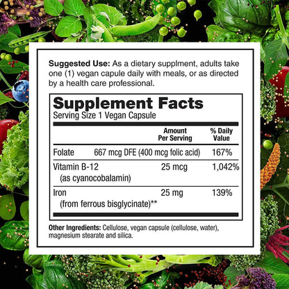 PlantFusion Vegane Eisenpräparate mit 25 mg Eisen, Folsäure & B12 – 90 Kapseln für Frauen und Männer