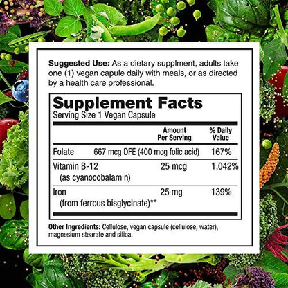 PlantFusion Vegane Eisenpräparate mit 25 mg Eisen, Folsäure & B12 – 90 Kapseln für Frauen und Männer