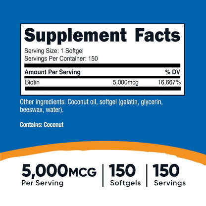 Nutricost Biotin 5.000mcg 150 Softgels – Vitamin B7 – Glutenfrei, Non-GMO