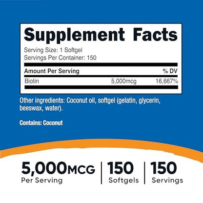 Nutricost Biotin 5.000mcg 150 Softgels – Vitamin B7 – Glutenfrei, Non-GMO