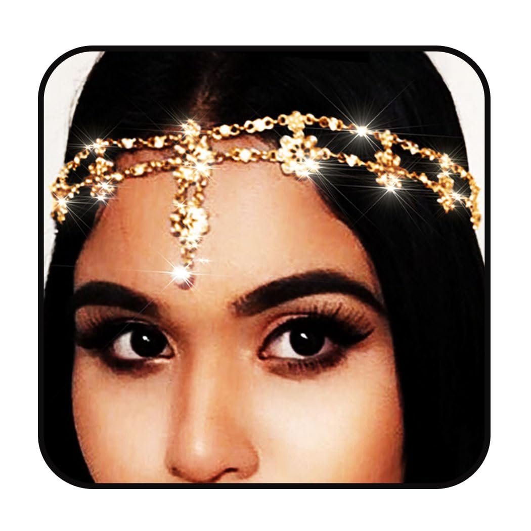 Yalice Indische Blumenkopfkette aus Gold, Kristall-Stirnband, Göttin-Kopfschmuck, rhinsteinbesetzter Hochzeits-Haarschmuck für Frauen (Gold-1)