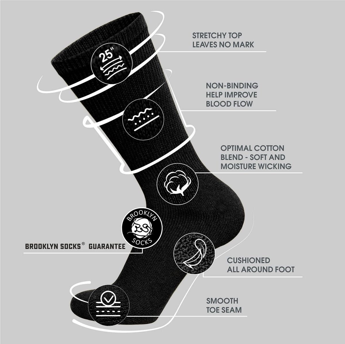 Big and Tall Diabetic Baumwoll-Neuropathie-Crew-Socken, King Size Herren Sport-Crew-Socken (13-16, Schwarz) - 6 Paar