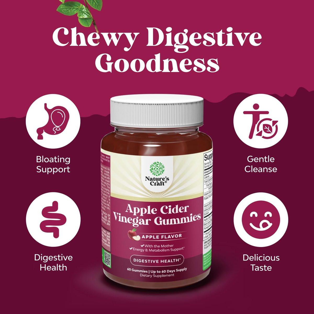 Apfelessig Gummibärchen mit Mutter - Entgiftung & Detox ACV Gummis für Gewichtsverlust, Darmgesundheit, Blähungen, Stoffwechsel & Energieunterstützung - ACV mit Mutter mit B12, B6 & Granatapfel - 60 Stück