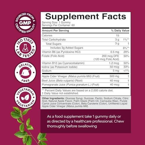 Apfelessig Gummibärchen mit Mutter - Entgiftung & Detox ACV Gummis für Gewichtsverlust, Darmgesundheit, Blähungen, Stoffwechsel & Energieunterstützung - ACV mit Mutter mit B12, B6 & Granatapfel - 60 Stück