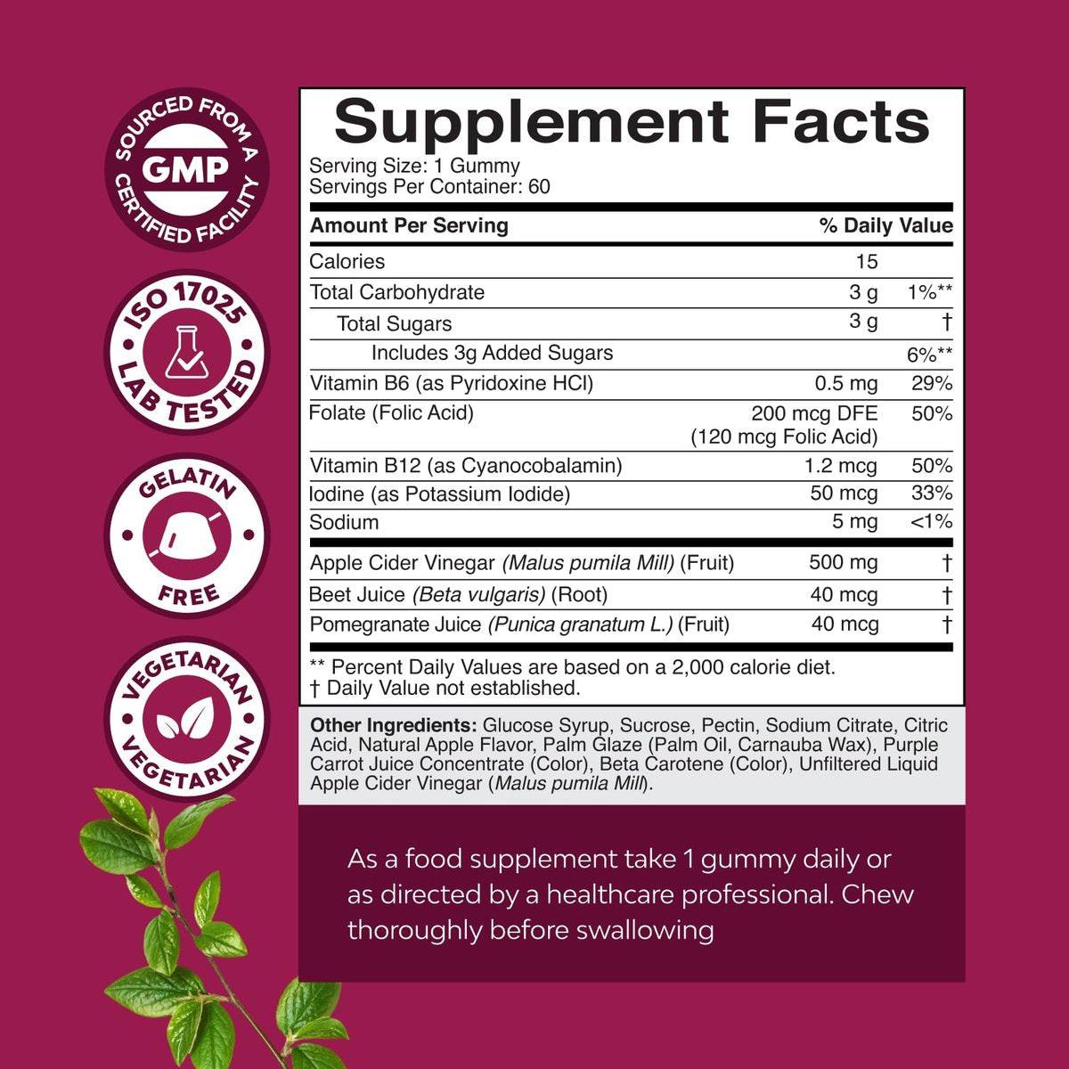 Apfelessig Gummibärchen mit Mutter - Entgiftung & Detox ACV Gummis für Gewichtsverlust, Darmgesundheit, Blähungen, Stoffwechsel & Energieunterstützung - ACV mit Mutter mit B12, B6 & Granatapfel - 60 Stück