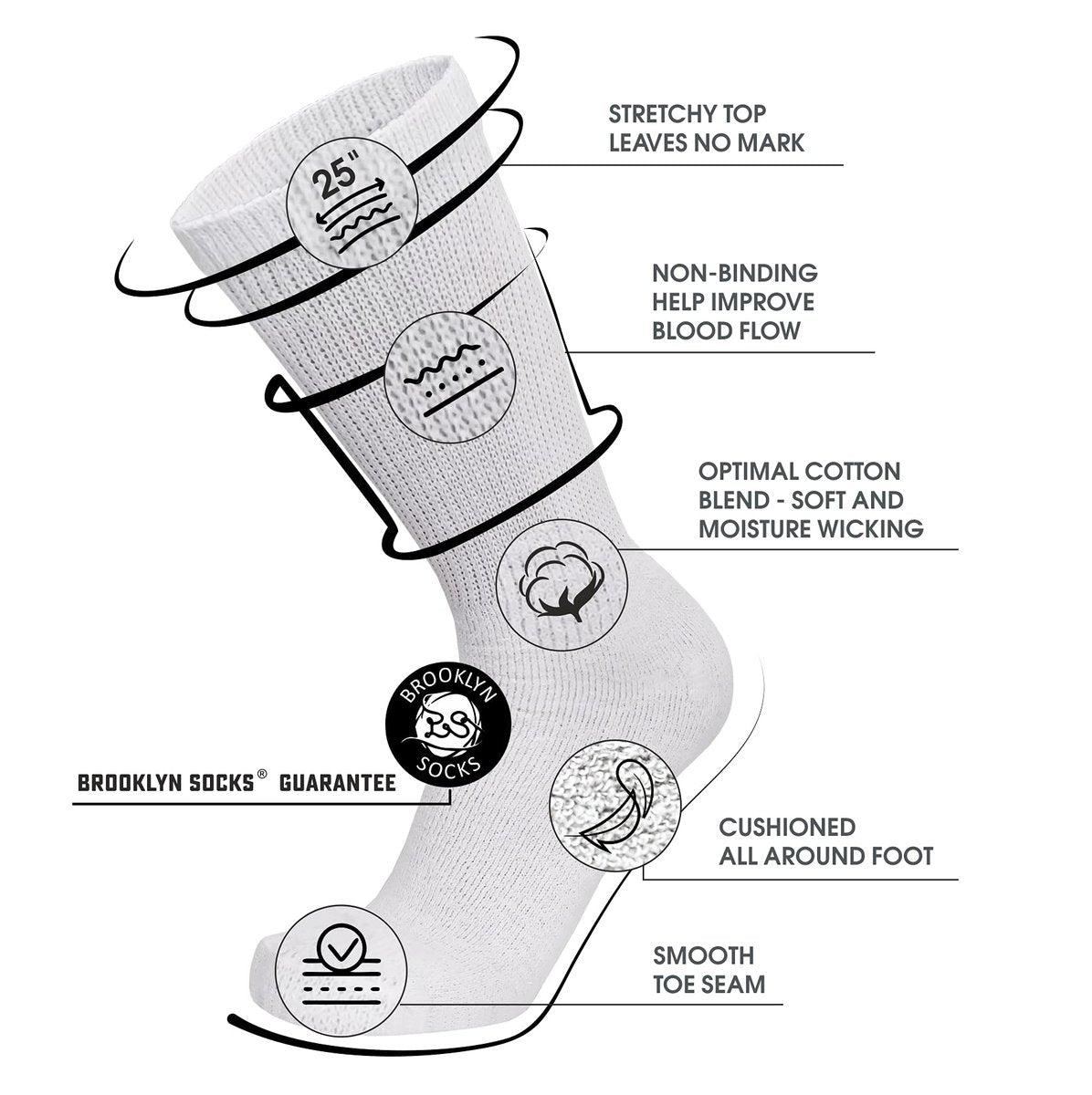 Big and Tall - 6 Paar Diabetische Baumwoll-Neuropathie-Crew-Socken, King-Size Herren Athletic Crew Socken (13-16, Weiß)