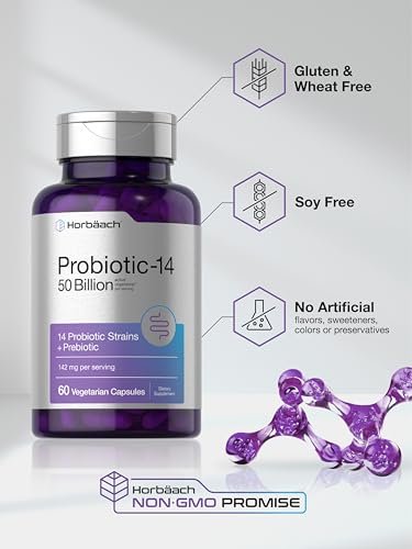 Horbaach Probiotika für Frauen und Männer | 60 Kapseln | 14 probiotische Stämme mit Präbiotikum | 50 Milliarden aktive Organismen | Nahrungsergänzungsmittel, nicht-GVO & glutenfrei
