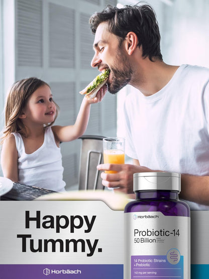 Horbaach Probiotika für Frauen und Männer | 60 Kapseln | 14 probiotische Stämme mit Präbiotikum | 50 Milliarden aktive Organismen | Nahrungsergänzungsmittel, nicht-GVO & glutenfrei