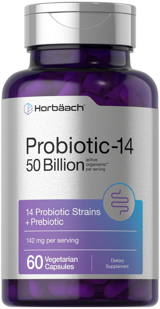 Horbaach Probiotika für Frauen und Männer | 60 Kapseln | 14 probiotische Stämme mit Präbiotikum | 50 Milliarden aktive Organismen | Nahrungsergänzungsmittel, nicht-GVO & glutenfrei