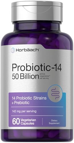 Horbaach Probiotika für Frauen und Männer | 60 Kapseln | 14 probiotische Stämme mit Präbiotikum | 50 Milliarden aktive Organismen | Nahrungsergänzungsmittel, nicht-GVO & glutenfrei