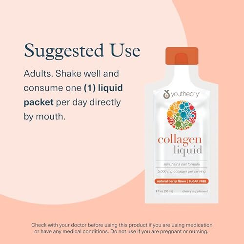 Youtheory Collagen Liquid - 5.000 mg hydrolysierte Kollagenpeptide - Unterstützt Haar, Nägel, Gelenke & Knochen* - Beerengeschmack - 1 oz Einzelportion, 12er-Pack