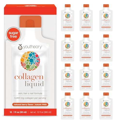 Youtheory Collagen Liquid - 5.000 mg hydrolysierte Kollagenpeptide - Unterstützt Haar, Nägel, Gelenke & Knochen* - Beerengeschmack - 1 oz Einzelportion, 12er-Pack
