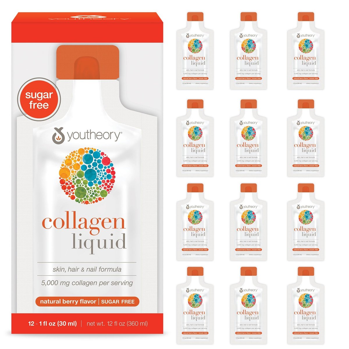 Youtheory Collagen Liquid - 5.000 mg hydrolysierte Kollagenpeptide - Unterstützt Haar, Nägel, Gelenke & Knochen* - Beerengeschmack - 1 oz Einzelportion, 12er-Pack