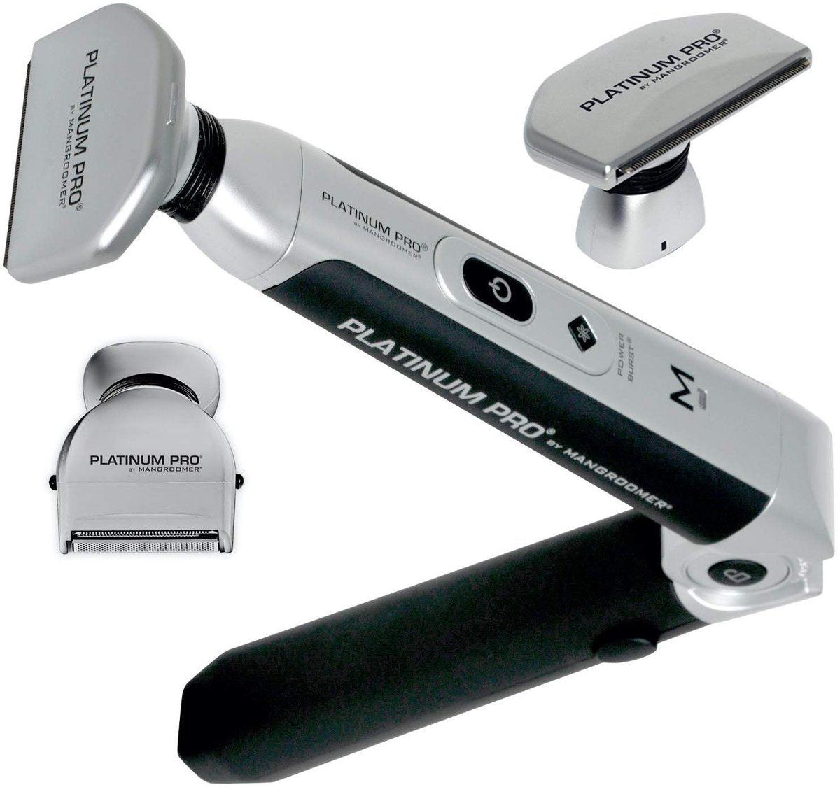 Platinum Pro Rückenrasierer von MANGROOMER – Generation 8.0 mit 3 Stoßdämpfer-Flexköpfen, Power-Hinge, extralangem Griff & Aufbewahrungsetui (4-teilig)