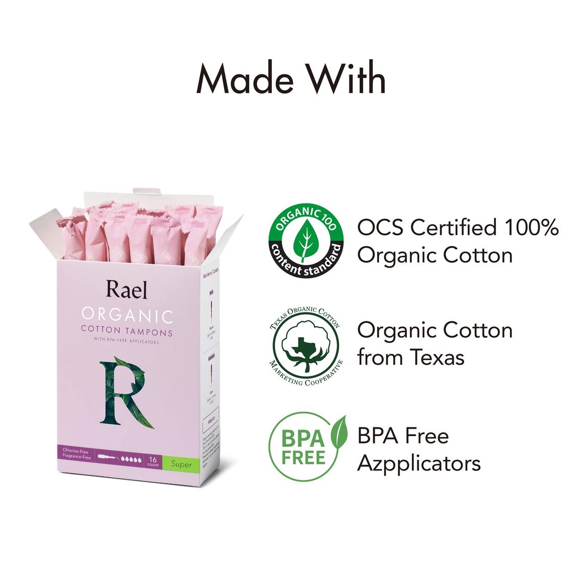 Bio-Baumwoll-Tampons Super – Rael, 100% zertifizierte Bio-Baumwolle, nachhaltig & hautfreundlich