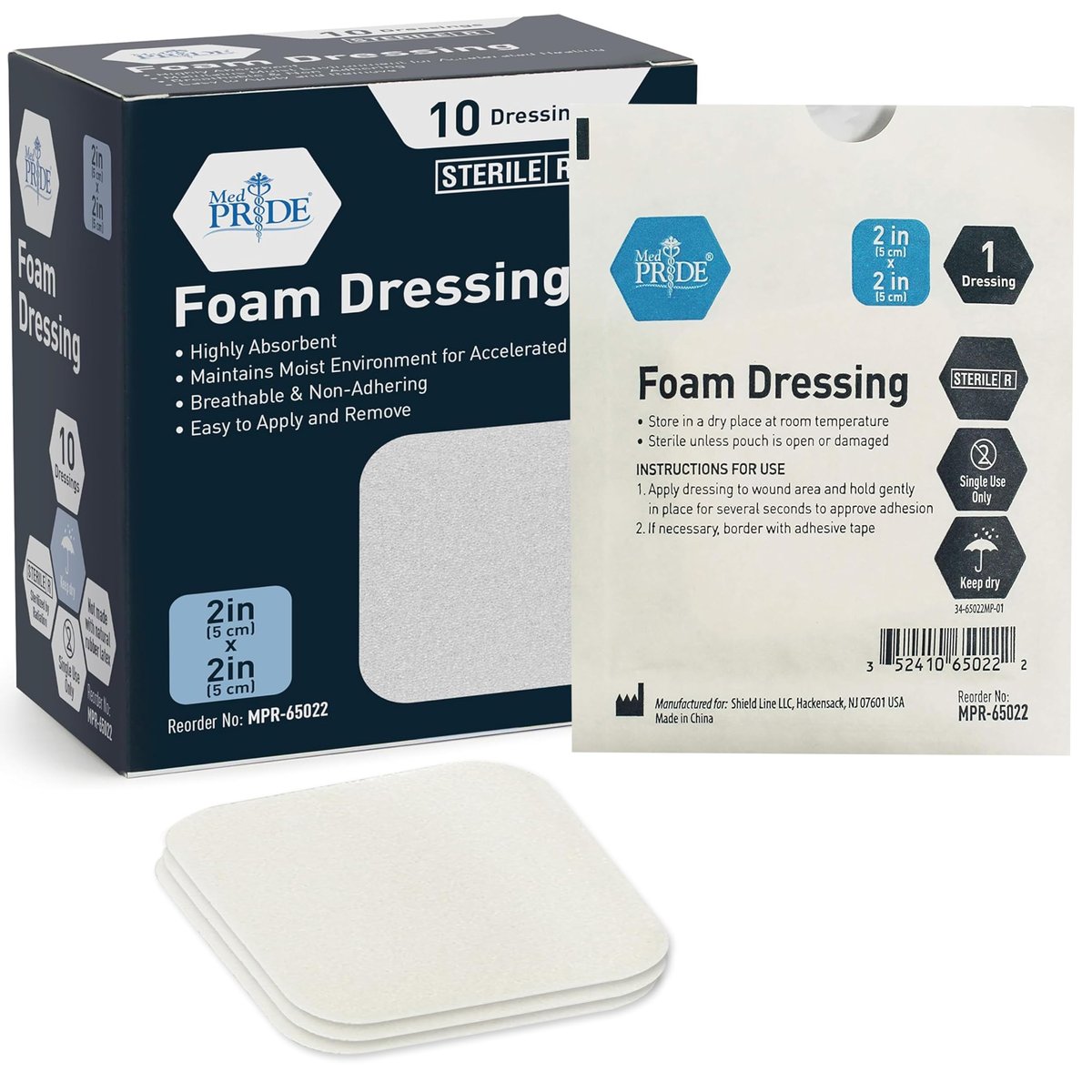 MED PRICE Sterile Schaumstoff-Wundauflagen, weich absorbierend, nicht klebend, wasserdicht, für Geschwüre und Verletzungen, 5x5 cm (Packung mit 10)