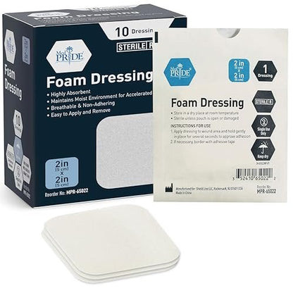 MED PRICE Sterile Schaumstoff-Wundauflagen, weich absorbierend, nicht klebend, wasserdicht, für Geschwüre und Verletzungen, 5x5 cm (Packung mit 10)