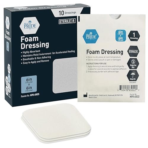 MED PRIDE Sterile Nicht haftende Schaumstoff-Wundauflagen, Hoch saugfähig, Weich, Wasserdicht, Flexibel für schwierige Körperstellen (6x6 Zoll, Packung mit 10)