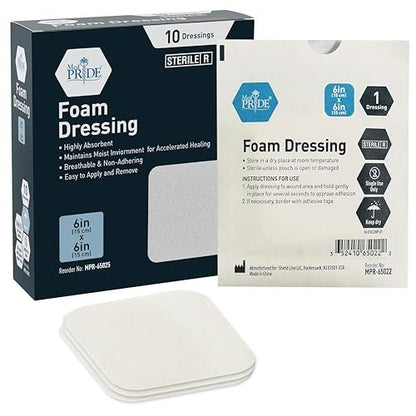 MED PRIDE Sterile Nicht haftende Schaumstoff-Wundauflagen, Hoch saugfähig, Weich, Wasserdicht, Flexibel für schwierige Körperstellen (6x6 Zoll, Packung mit 10)