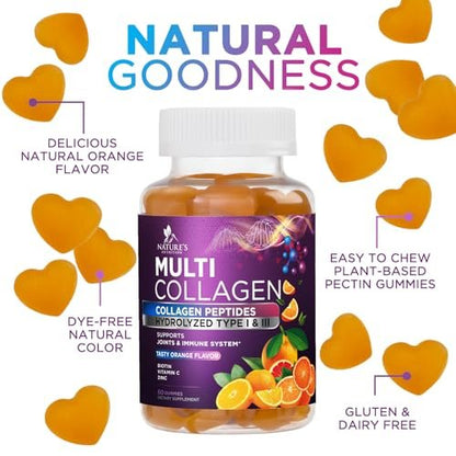 Kollagen-Peptid-Gummibärchen mit 2500 mcg Biotin pro Portion – Nahrungsergänzung für Haarwachstum, Haut & Nägel – Hydrolysiertes Kollagen Typ I & III, Vitamin C für Immununterstützung, Orangengeschmack, 60 Gummibärchen