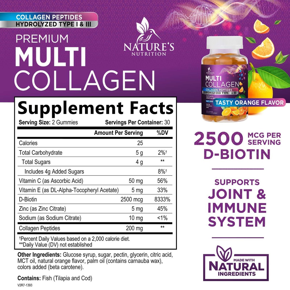 Kollagen-Peptid-Gummibärchen mit 2500 mcg Biotin pro Portion – Nahrungsergänzung für Haarwachstum, Haut & Nägel – Hydrolysiertes Kollagen Typ I & III, Vitamin C für Immununterstützung, Orangengeschmack, 60 Gummibärchen