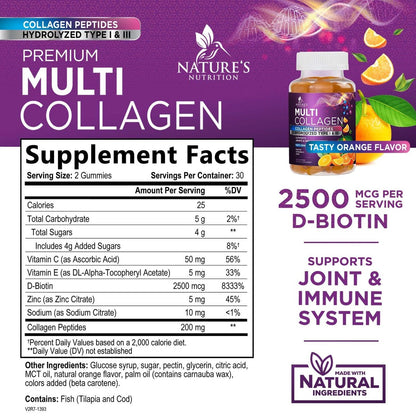 Kollagen-Peptid-Gummibärchen mit 2500 mcg Biotin pro Portion – Nahrungsergänzung für Haarwachstum, Haut & Nägel – Hydrolysiertes Kollagen Typ I & III, Vitamin C für Immununterstützung, Orangengeschmack, 60 Gummibärchen