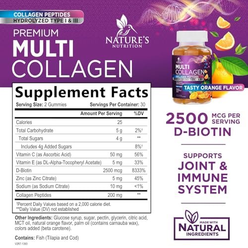 Kollagen-Peptid-Gummibärchen mit 2500 mcg Biotin pro Portion – Nahrungsergänzung für Haarwachstum, Haut & Nägel – Hydrolysiertes Kollagen Typ I & III, Vitamin C für Immununterstützung, Orangengeschmack, 60 Gummibärchen
