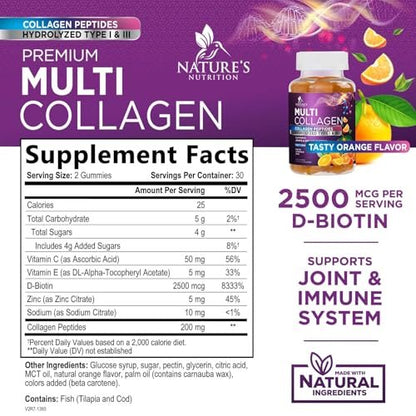 Kollagen-Peptid-Gummibärchen mit 2500 mcg Biotin pro Portion – Nahrungsergänzung für Haarwachstum, Haut & Nägel – Hydrolysiertes Kollagen Typ I & III, Vitamin C für Immununterstützung, Orangengeschmack, 60 Gummibärchen