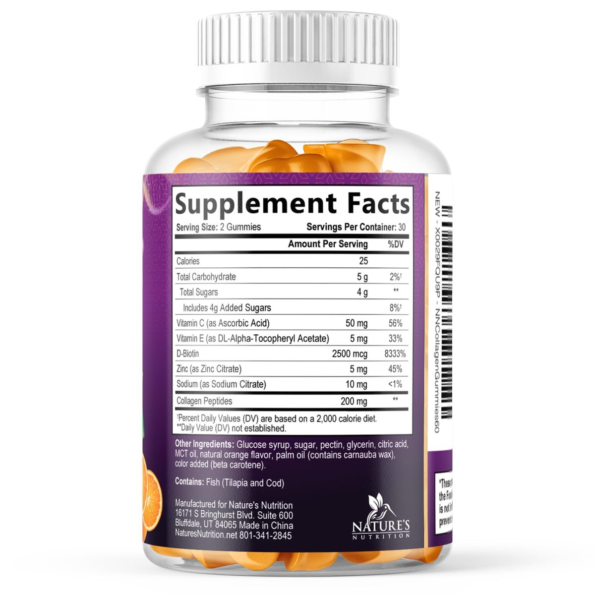 Kollagen-Peptid-Gummibärchen mit 2500 mcg Biotin pro Portion – Nahrungsergänzung für Haarwachstum, Haut & Nägel – Hydrolysiertes Kollagen Typ I & III, Vitamin C für Immununterstützung, Orangengeschmack, 60 Gummibärchen