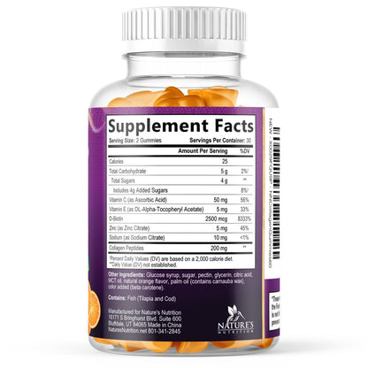 Kollagen-Peptid-Gummibärchen mit 2500 mcg Biotin pro Portion – Nahrungsergänzung für Haarwachstum, Haut & Nägel – Hydrolysiertes Kollagen Typ I & III, Vitamin C für Immununterstützung, Orangengeschmack, 60 Gummibärchen