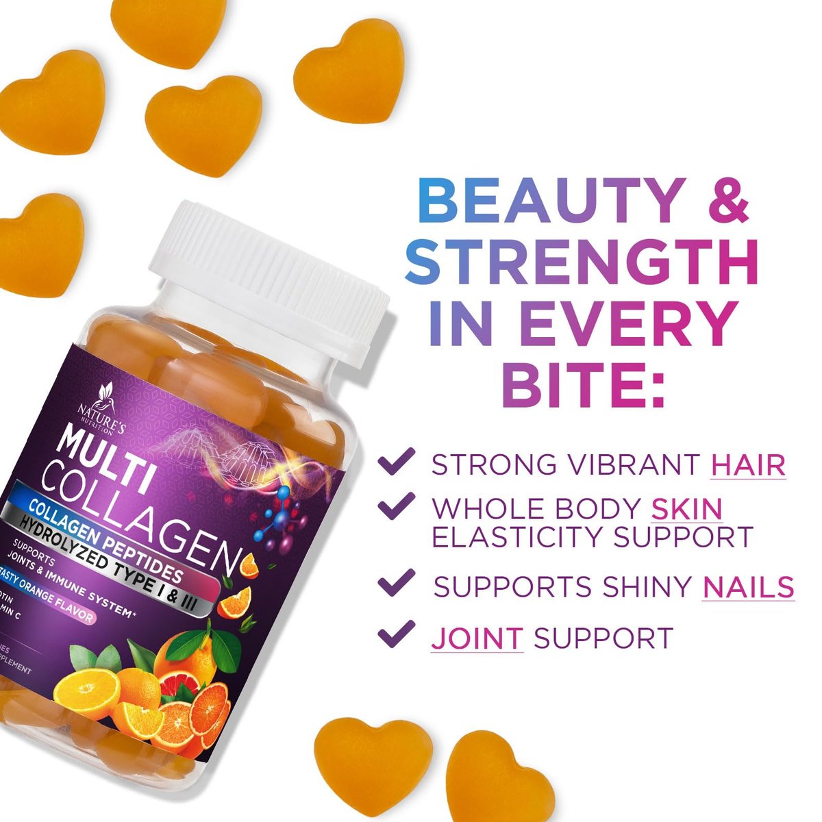 Kollagen-Peptid-Gummibärchen mit 2500 mcg Biotin pro Portion – Nahrungsergänzung für Haarwachstum, Haut & Nägel – Hydrolysiertes Kollagen Typ I & III, Vitamin C für Immununterstützung, Orangengeschmack, 60 Gummibärchen