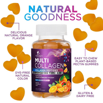 Kollagen-Peptid-Gummibärchen mit 2500 mcg Biotin pro Portion – Nahrungsergänzung für Haarwachstum, Haut & Nägel – Hydrolysiertes Kollagen Typ I & III, Vitamin C für Immununterstützung, Orangengeschmack, 60 Gummibärchen