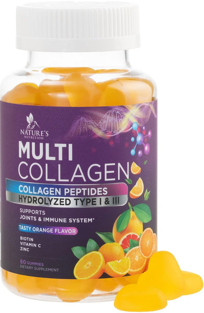 Kollagen-Peptid-Gummibärchen mit 2500 mcg Biotin pro Portion – Nahrungsergänzung für Haarwachstum, Haut & Nägel – Hydrolysiertes Kollagen Typ I & III, Vitamin C für Immununterstützung, Orangengeschmack, 60 Gummibärchen