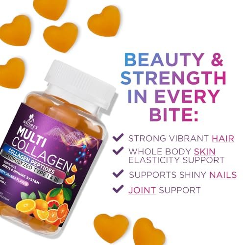 Kollagen-Peptid-Gummibärchen mit 2500 mcg Biotin pro Portion – Nahrungsergänzung für Haarwachstum, Haut & Nägel – Hydrolysiertes Kollagen Typ I & III, Vitamin C für Immununterstützung, Orangengeschmack, 60 Gummibärchen