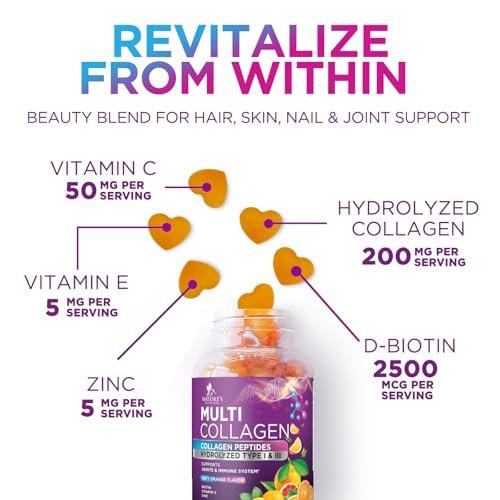Kollagen-Peptid-Gummibärchen mit 2500 mcg Biotin pro Portion – Nahrungsergänzung für Haarwachstum, Haut & Nägel – Hydrolysiertes Kollagen Typ I & III, Vitamin C für Immununterstützung, Orangengeschmack, 60 Gummibärchen
