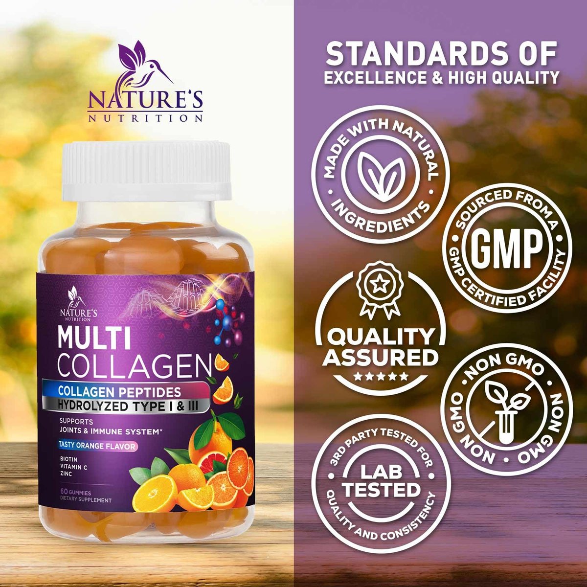 Kollagen-Peptid-Gummibärchen mit 2500 mcg Biotin pro Portion – Nahrungsergänzung für Haarwachstum, Haut & Nägel – Hydrolysiertes Kollagen Typ I & III, Vitamin C für Immununterstützung, Orangengeschmack, 60 Gummibärchen