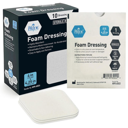 MED PRIDE Schaumstoff-Wundauflagen 10x10 cm steril, nicht haftend, saugfähig, wasserdicht (10 Stück)
