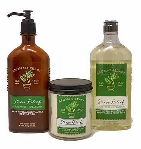 Bath & Body Works Aromatherapy Stress Relief Diffuser Set – Eukalyptus Minze Wellness Bundle mit Körperlotion, Duschbad & Kerze