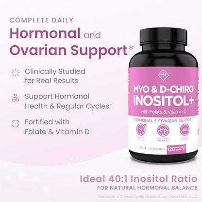 Optify Myo-Inositol & D-Chiro Inositol für Frauen | 40:1 Verhältnis plus Folat und Vitamin D | Unterstützt gesunden Hormonhaushalt, regelmäßigen Zyklus und Eierstockgesundheit (120 Kapseln)