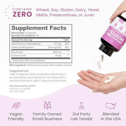 Optify Myo-Inositol & D-Chiro Inositol für Frauen | 40:1 Verhältnis plus Folat und Vitamin D | Unterstützt gesunden Hormonhaushalt, regelmäßigen Zyklus und Eierstockgesundheit (120 Kapseln)