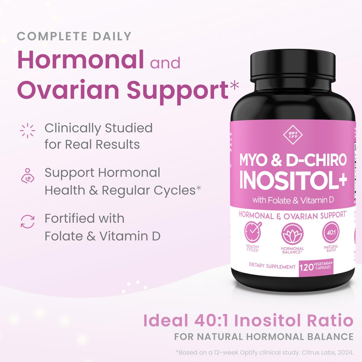 Optify Myo-Inositol & D-Chiro Inositol für Frauen | 40:1 Verhältnis plus Folat und Vitamin D | Unterstützt gesunden Hormonhaushalt, regelmäßigen Zyklus und Eierstockgesundheit (120 Kapseln)